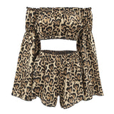 outfit ideas 2024 Summer New Leopard Print Sexy Printed Pajamas Women's Long-Sleeved off-Shoulder Shorts Two-Piece Home Wear