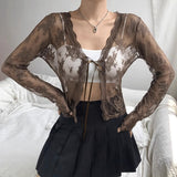 90s fashion Retro Lace Jacquard Lace-up Long-Sleeved Cardigan Summer Short Women's Sexy See-through Dress Outer Blouse Top