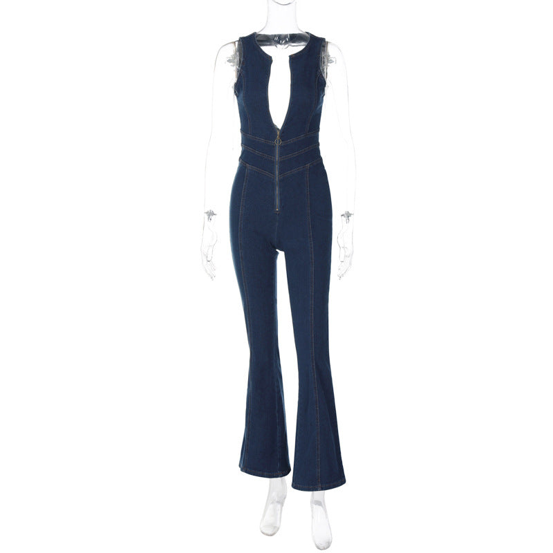 barn jacket outfits Women's Summer New Slim-Fit Slimming Fashion Street Shooting Retro Style High Waist Washed Denim Jumpsuit