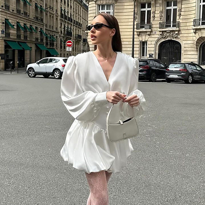 pop culture dress to impress French Court Style Satin Lantern Sleeve Dress Women's 2024 Autumn and Winter White Elegant Pettiskirt High-Grade Women's Clothing