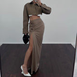 classy demure mindful dress to impress Women's Autumn New French Elegant High Waist Slit Pleated Flower Decorative Skirt