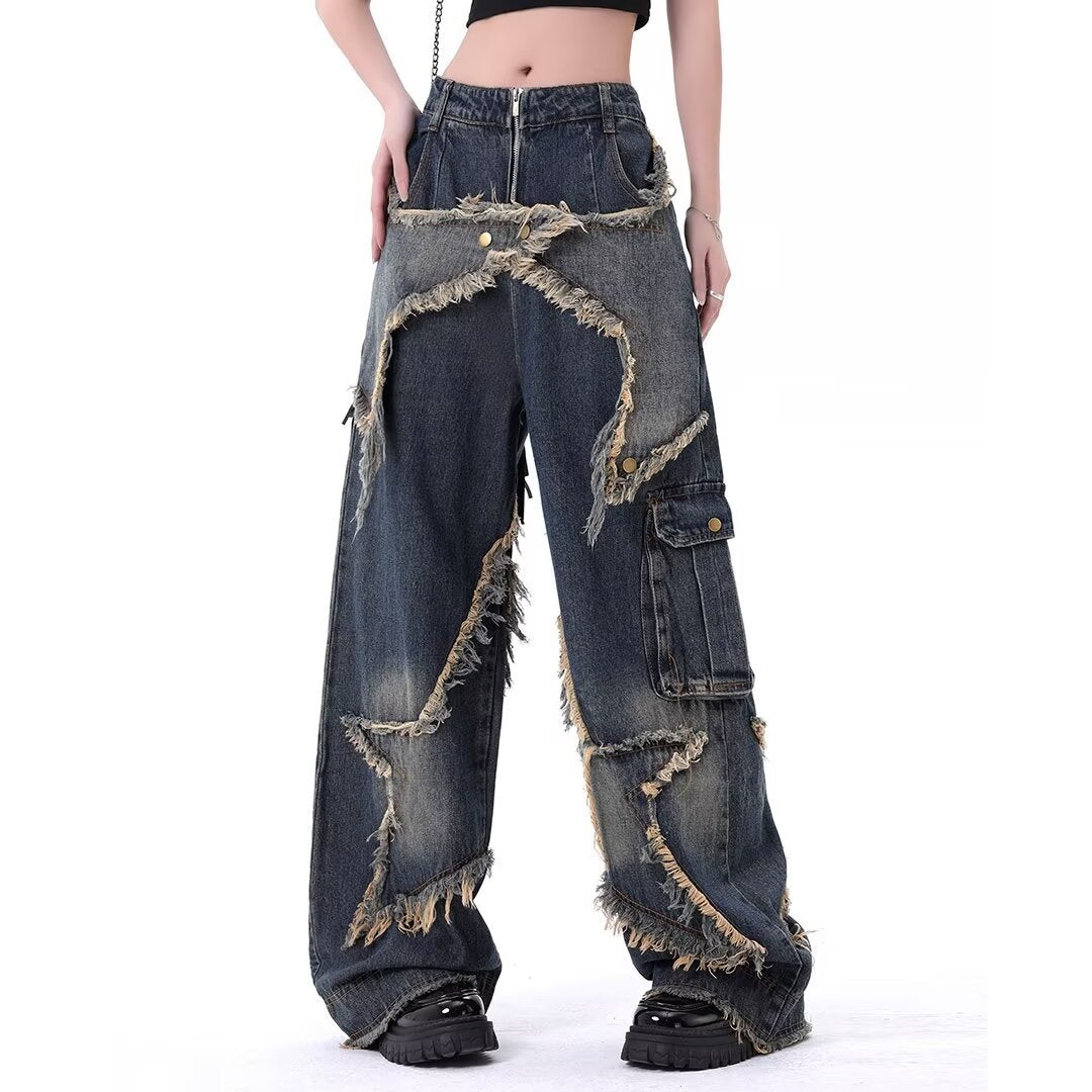 concert outfit Five-Pointed Star Design Jeans Men's and Women's American-Style Retro Pocket Frayed Distressed Washed High Street Workwear Wide-Leg Trousers