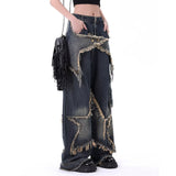 concert outfit Five-Pointed Star Design Jeans Men's and Women's American-Style Retro Pocket Frayed Distressed Washed High Street Workwear Wide-Leg Trousers