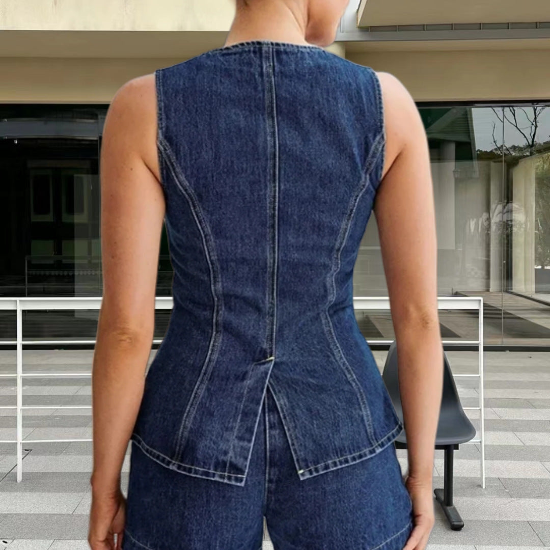 outfit inspo 2024 New Fashion Casual Single-Breasted Sleeveless Top High Waist Shorts Denim Suit