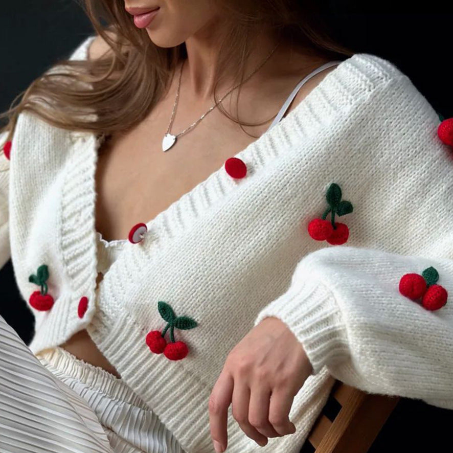 outfit inspo Cherry Three-Dimensional Decorative Cardigan Sweater Loose Women's Fashion All-Match V-neck Autumn Outer Wear High-Grade Women's Sweater