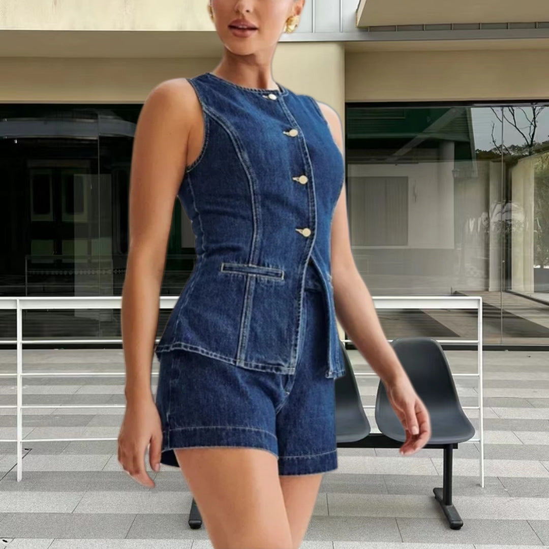 outfit inspo 2024 New Fashion Casual Single-Breasted Sleeveless Top High Waist Shorts Denim Suit