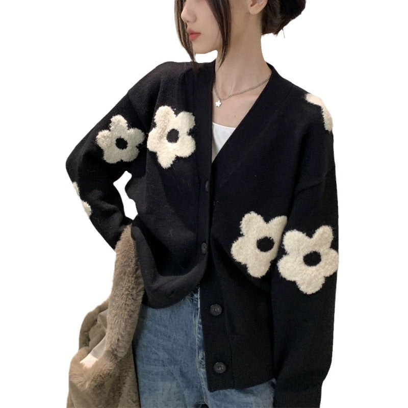 teacher outfits 2024 Korean Style Autumn and Winter New Sweater Women's V-neck Fashion Cardigan Mosaic Flower Sweater Women's Casual Coat