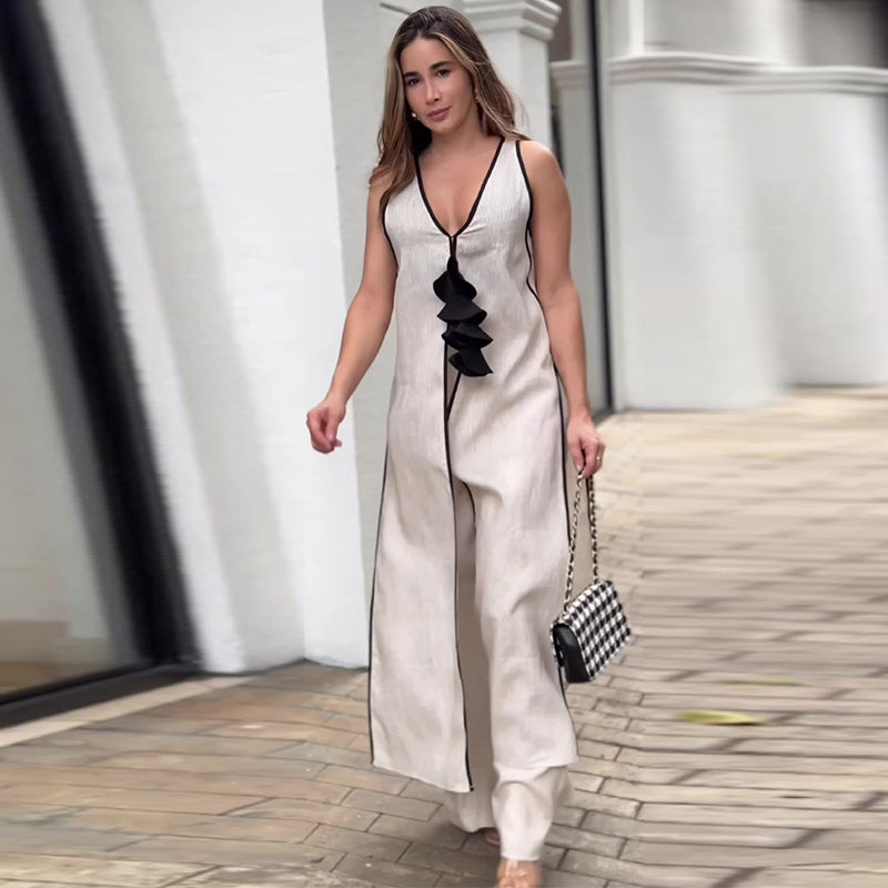 uniforms dress to impress 2024 Summer New Women's Clothing Fashion Contrast Color Vest Robe Versatile Trousers Two-Piece Set