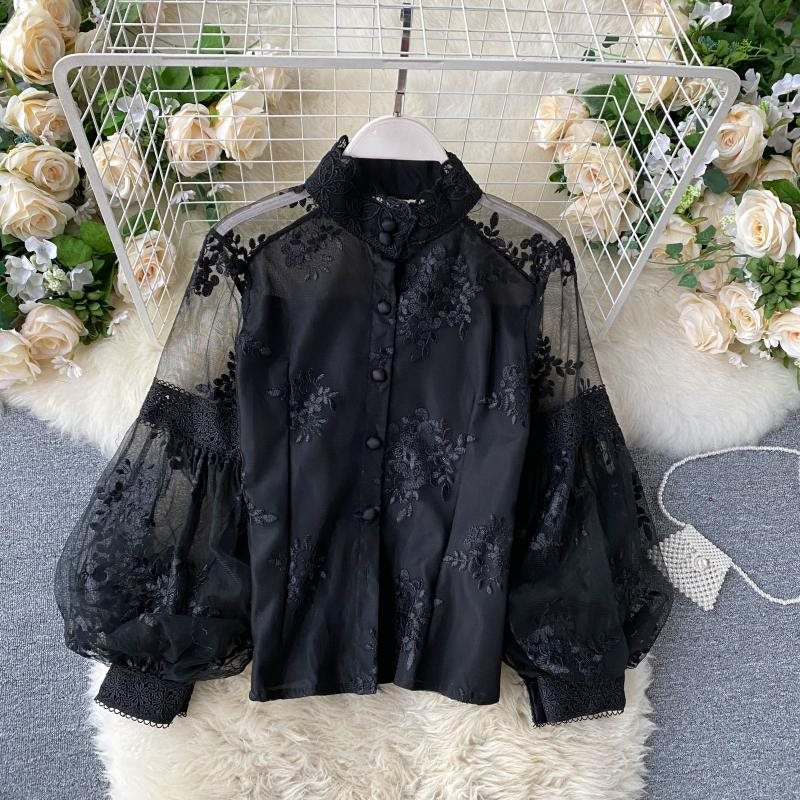 music video dress to impress French Style Retro Mesh Lace Top Women's Stand Collar Three-Dimensional Embroidered Puff Sleeve Court Style Slim Fit Slimming Shirt Women