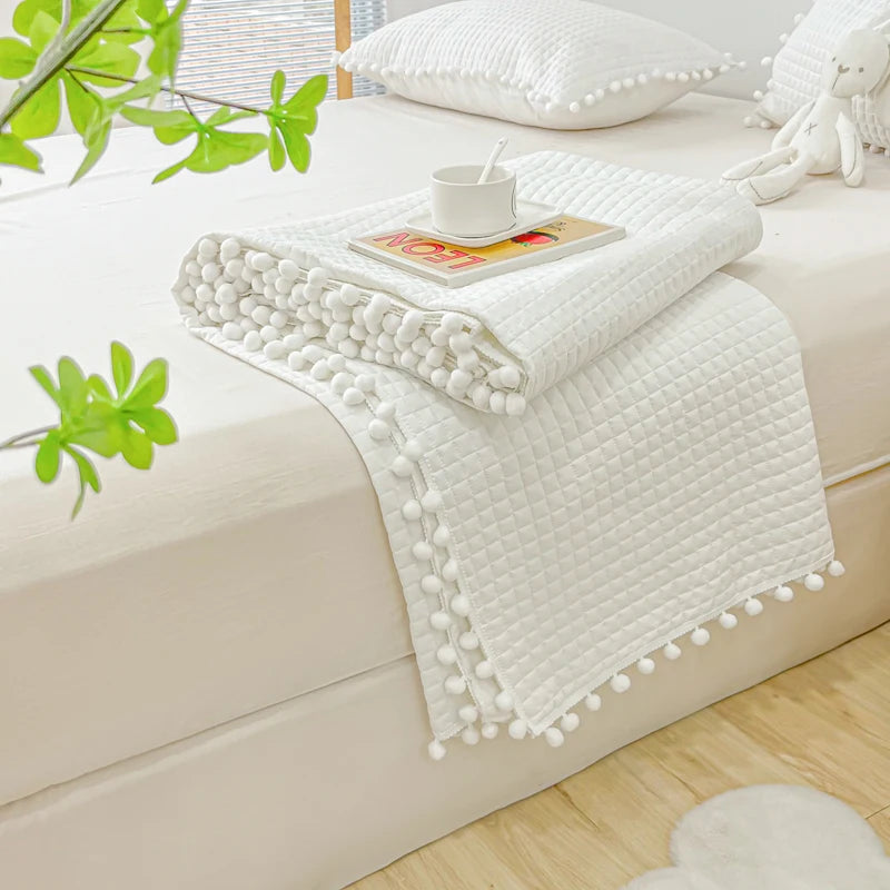 Oklulu INS Style White Ball Edge Quilted Quilt Blanket Bedspread Washed Solid Color Korean Princess Style Summer Thin Quilt 1/3Pc