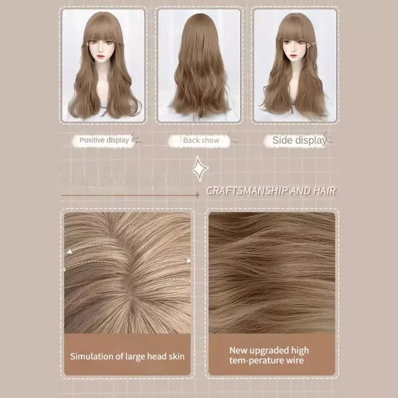 OKLULU  -  Long Water Wave Wigs with Bangs Milk tea brown Cosplay Wig for Women Daily Party Natural Soft Synthetic Hair Heat Resistant