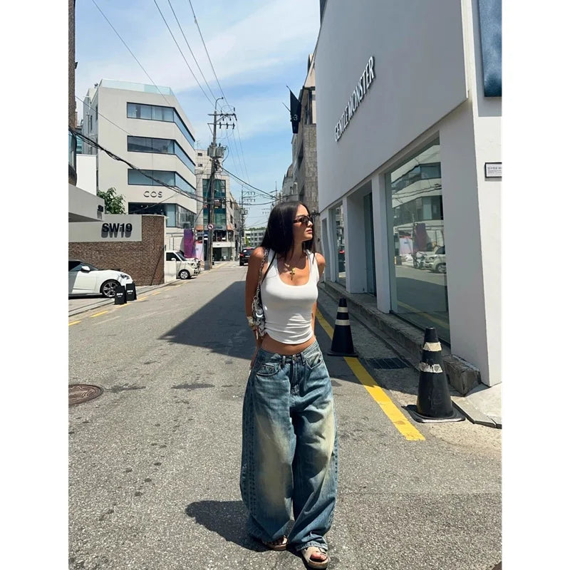 OKLULU  -  Blue Womens Jeans High Waist Vintage Straight Summer Design Sense Denim Pants Streetwear American Wide Leg Baggy Denim Trouser