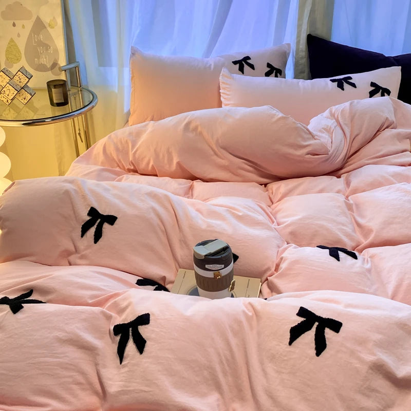 Ins Black Bowknot Bedding Set Pink Duvet Cover Flat Sheet Single Double Size Princess Bed Linen Girls Washed Cotton Quilt Cover