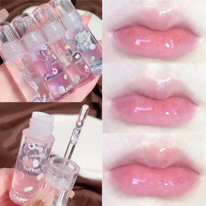 Oklulu Cotton Candy Transparent Lip Gloss Mirror Moisturizing Lip Oil Lasting Clear Glitter Hydrating Plumping Liquid Lipstick Makeup