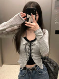 Oklulu Sexy Lace Up Crop Tops Women Black Halter Slim Tees And Grey Long Sleeve Top Two Pieces Sets Female Korean Y2k Tshirt Summer