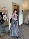 OKLULU  -  Harajuku Tiered Plaid Skirt Pleated High Waist Long Maxi Cake Skirt Mujer Summer Fashion Tshirt Sexy Two Piece Set Women