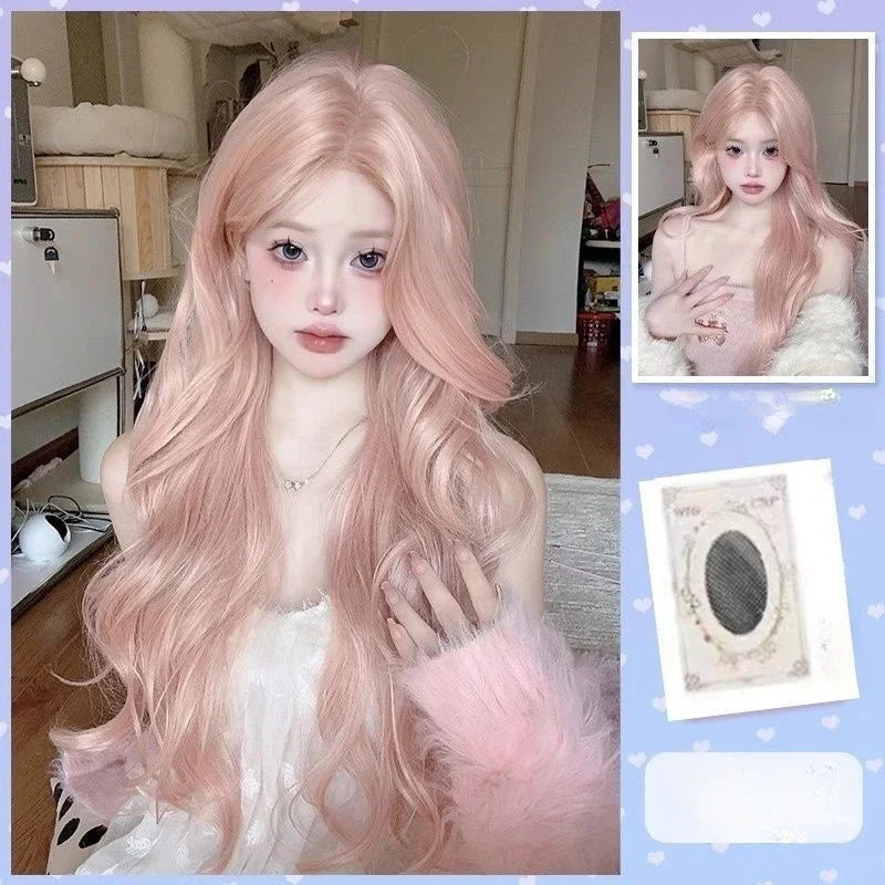 OKLULU  -  Pink Wig Long Wavy Lace Front Lolita Cosplay Wigs for Women Middle Part Hairline Natural Daily Party Wear Daily Synthetic Wig