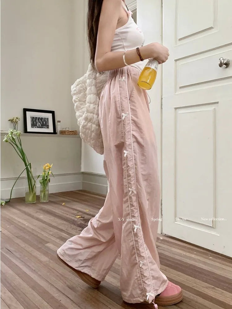 OKLULU  -  Pink Sweet Y2k Parachute Pants Women Korean Style Coquette Baggy Joggers Bow Harajuku Kawaii Cute Wide Trousers Casual