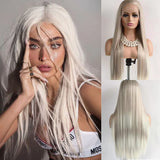 OKLULU  -  13x4 Straight Silver Gray Wig Lace Front Human Hair Wigs for Women Transparent Lace Frontal Wigs  Yaki Synthetic Lace Wig