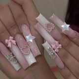 OKLULU  -  24Pcs Pink False Nails Long Coffin Fake Nails Star with French Designs Wearable Ballet Press on Nails Full Cover Nail Tips Art