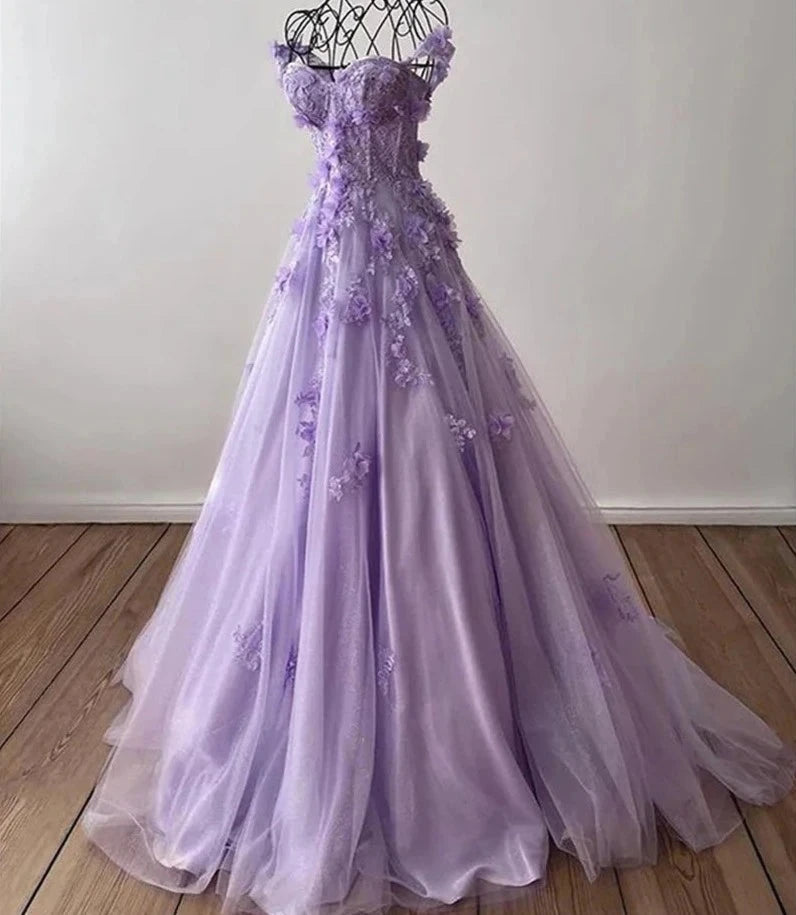 Oklulu  Princess 3D Flower  Sweet A-line Tulle Evening Dress Purple Prom Dress Handmade Robe