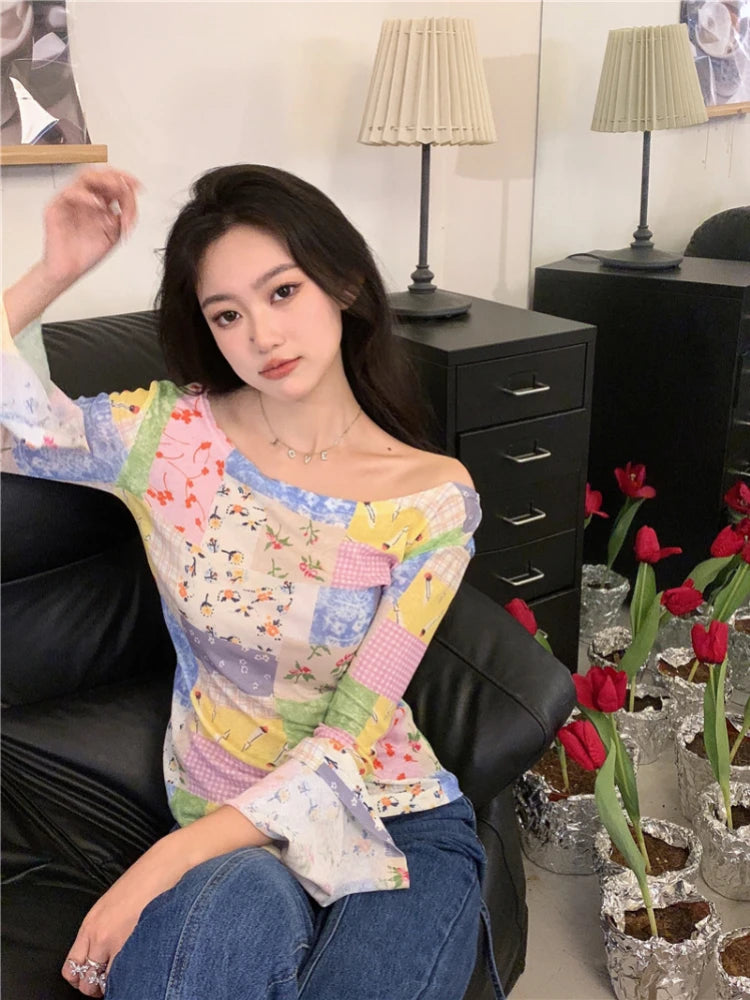 OKLULU  -   Harajuku Patchwork T Shirt Women Flare Sleeve Hotsweet Slim Tees Korean Fashion Girl Tops Designer Y2k Aesthetic Clothes