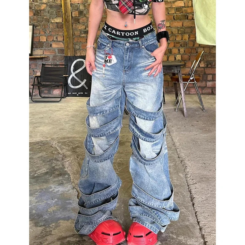 OKLULU  -  High Waisted Blue Women's Jeans Fashion Streetwear Casual Vintage Baggy Straight 2024 Hip Hop Denim Trouser Mom Wide Leg Pants