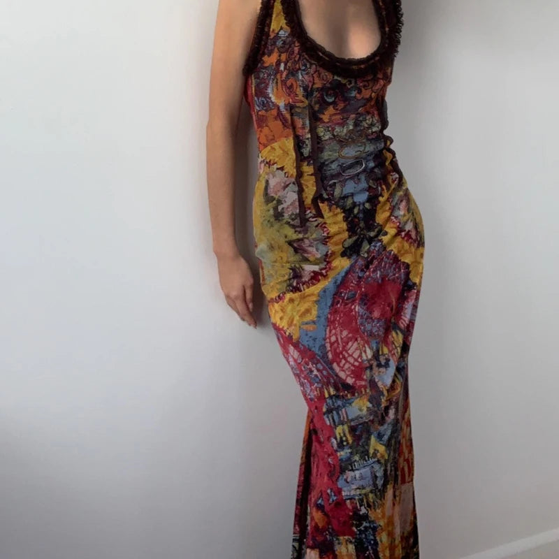 Oklulu  -   Vintage Oil Painting Print Dress Sexy Backless Hollow Out Sleeveless Maxi Dresses Aesthetic Party Clubwear Slim Vestidos