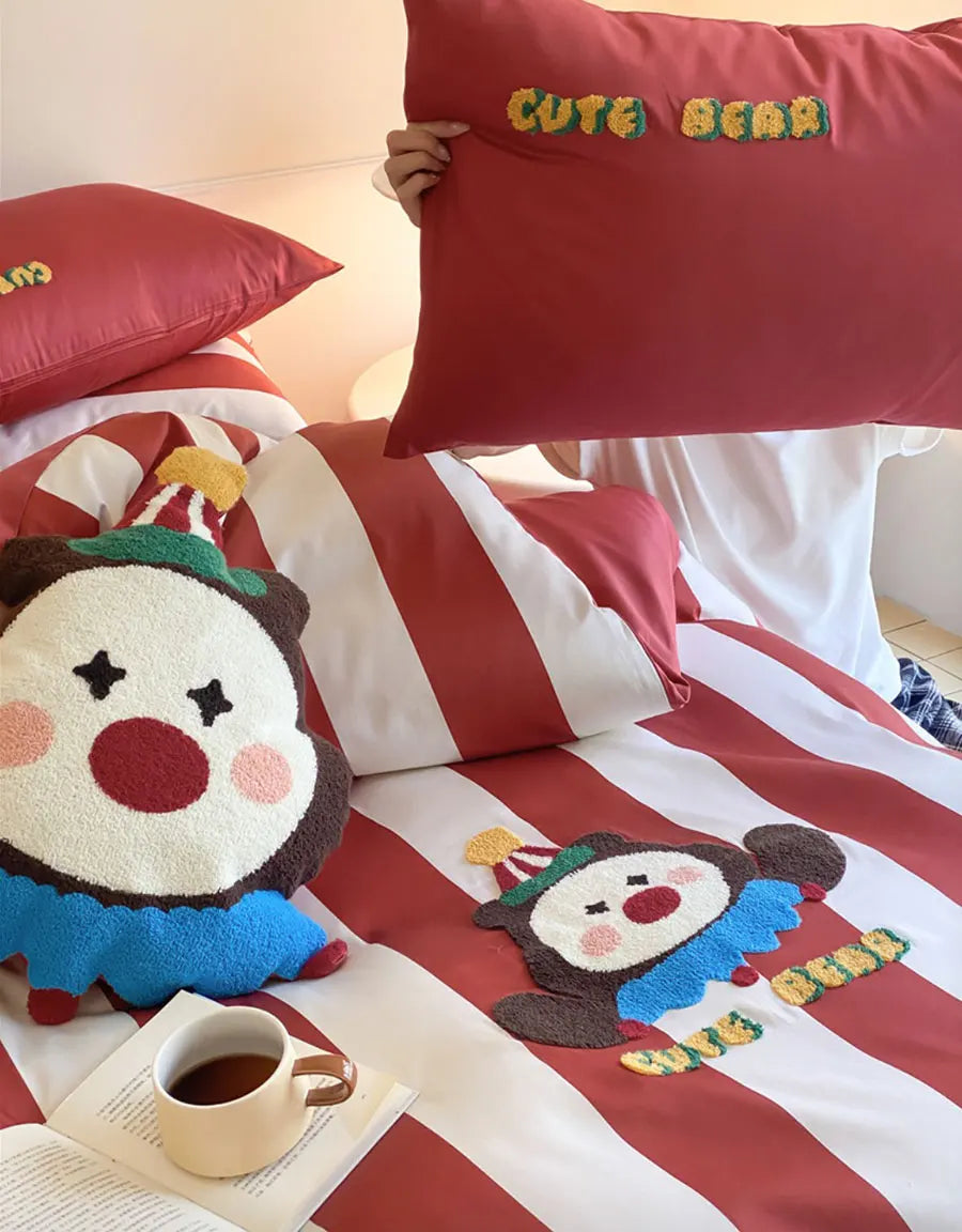 OKLULU  -  Cute circus clown bear red stripes bedding set teen,full queen king lovely cotton home textile bed sheet pillow case duvet cover