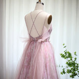 Lilac Floral Tulle Long Evening Dress Spaghetti Straps Backless Formal Prom Dresses for Wedding Party