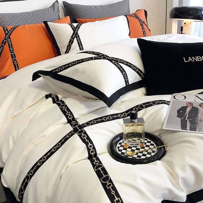 Black Gold Cross Patchwork Embroidery Bedding Set 1000TC Egyptian Cotton White Orange Duvet Cover Bed Sheet Pillowcases