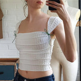 Oklulu  -  Y2K Cute Bow Lace Up Crop Top Aesthetic Texture Square-neck Sleeveless T Shirt Summer Women Streetwear Slim Tees