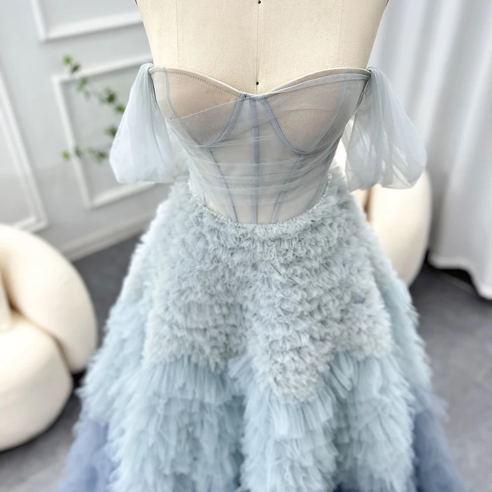 Chic Blue Ombre Tiered Ruffles Evening Dresses Luxury Dubai Ball Gown Prom Dress for Women Wedding Party