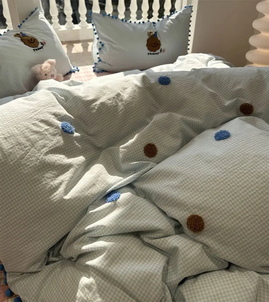 OKLULU  -   Cute Embroidery Cookie Polka Dot Bedding Set Teen,full Queen King Kawaii Cotton Home Textile Bed Sheet Pillow Case Quilt Cover