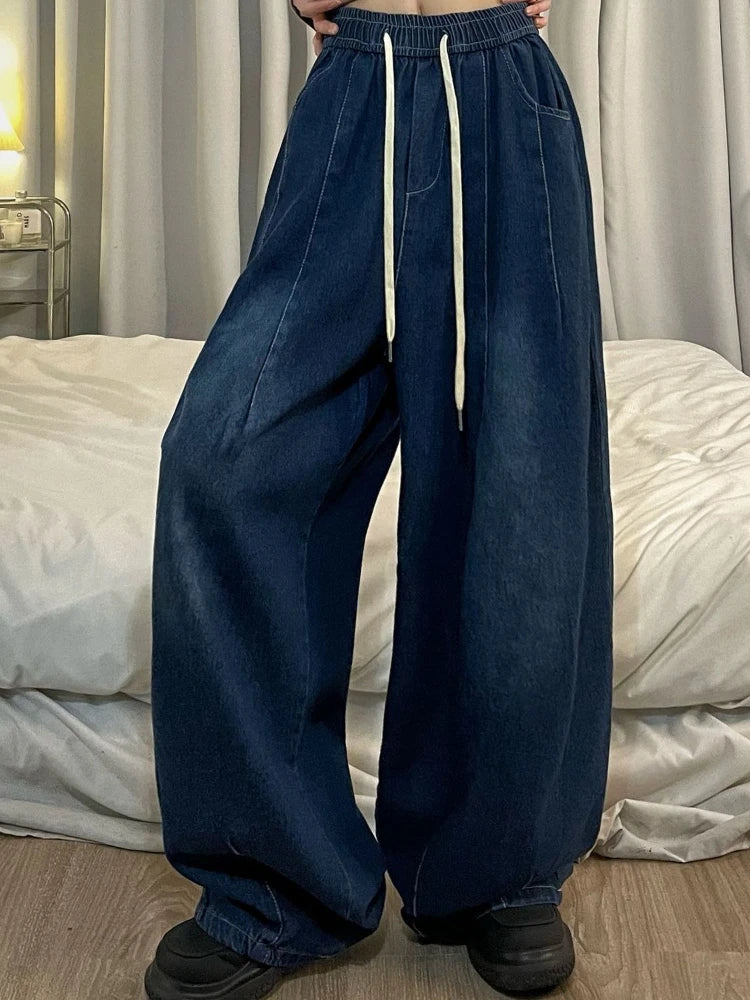 Oklulu  Women Vintage Baggy Jeans Y2K Elastic High Waist Oversize Street wear Trouser Denim Wide Leg Straight Basic Pants Spring