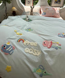 OKLULU  -  Cute Cartoon Embroidery Jellyfish Fish Beding Set Kid Teen,twin Full Queen Cotton Home Textile Bed Sheet Pillow Case Quilt Cover