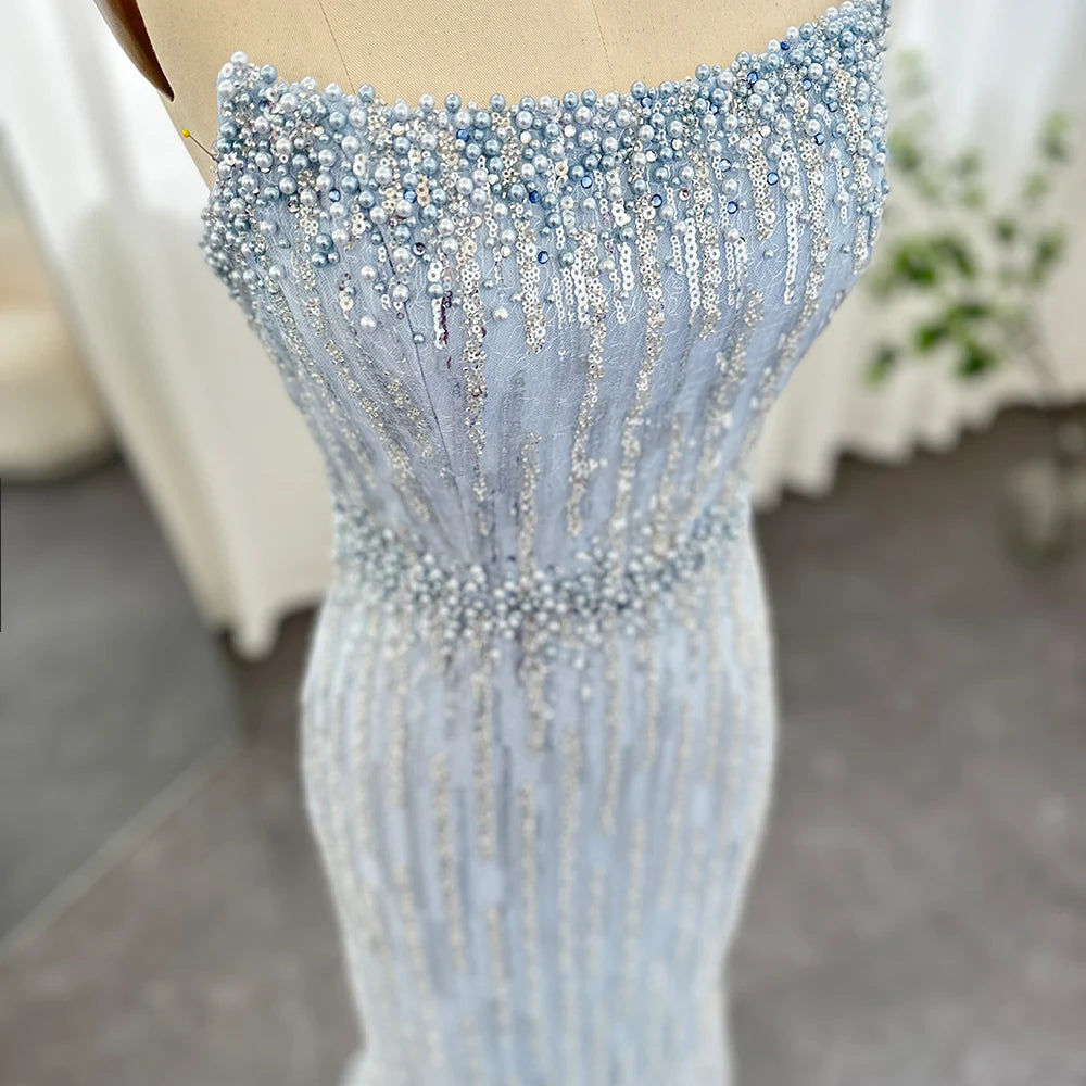 Light Blue Pearls Luxury Dubai Evening Dresses Elegant Strapless Arabic Women Wedding Party Formal Gowns