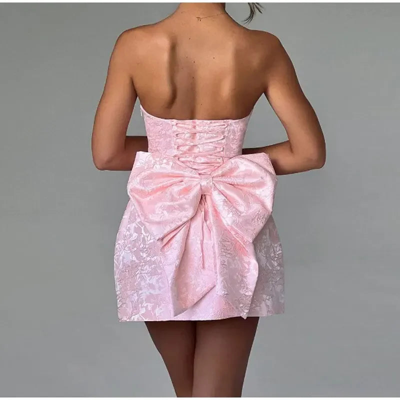 Satin Lace Print Sleeveless Bow Embellished Short Dress Elegant Backless Off Shoulder Female Mini Dresses Banquet Party