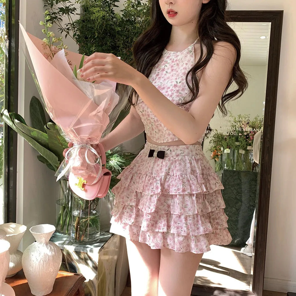 OKLULU  -  Fashion Summer New 2024 Sweet Lace Floral Halterneck Suspender Dresses Women's A-line Cake Short Skirt Suit Clothing Party Dress