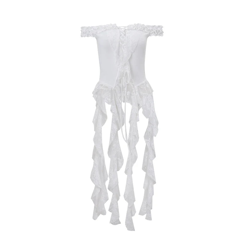 OKLULU  -  Sexy Pleated Lace Top White Y2K Off Shoulder Irregular Tank Top Summer Sleeveless One Shoulder Hollow Club Tube Top