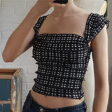 Oklulu  -  Y2K Cute Bow Lace Up Crop Top Aesthetic Texture Square-neck Sleeveless T Shirt Summer Women Streetwear Slim Tees