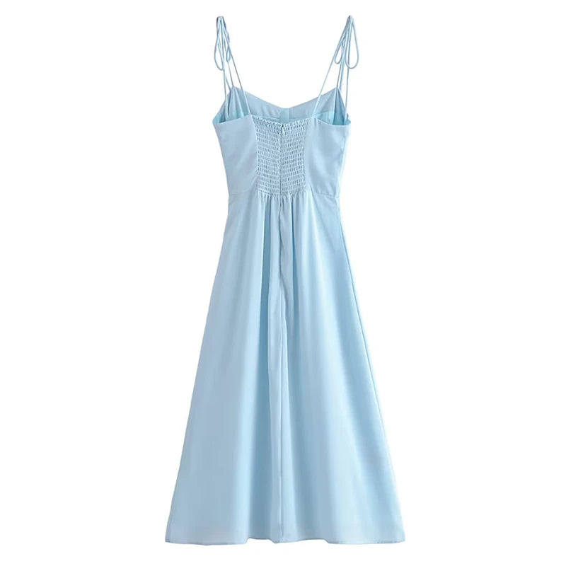 Oklulu   Women French Style Light Blue Front Slit Sling Dresses Sexy Sleeveless High Waist Female Holiday Summer Chiffon Dress