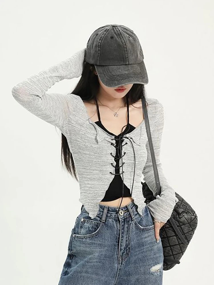 Oklulu Sexy Lace Up Crop Tops Women Black Halter Slim Tees And Grey Long Sleeve Top Two Pieces Sets Female Korean Y2k Tshirt Summer