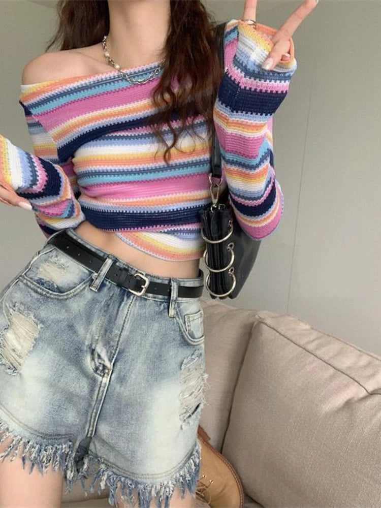 OKLULU  -  Long Sleeve Striped Sweater Off Shoulder Jumpers for Women 2023 Kawaii Pullover Y2k Korean Style Sweet Girls Top Fashion