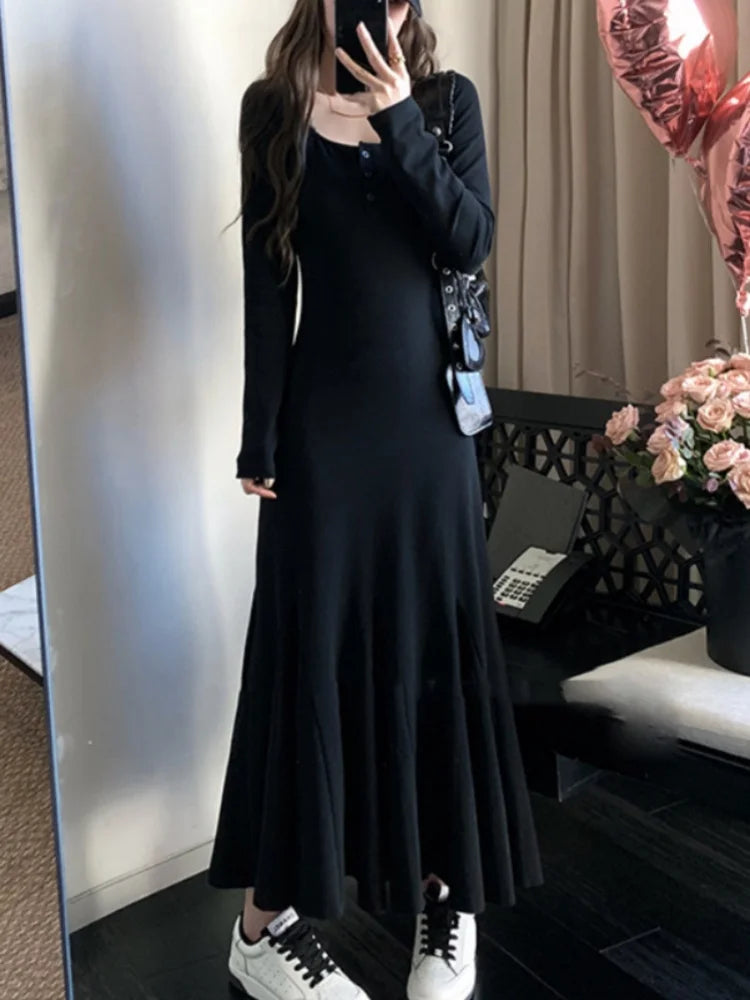 Oklulu Black Long Dress Women Vintage Fishtail Dresses Female Party Fashion Long Sleeve Dress Ladies Elegant Casual Ruffle Robe