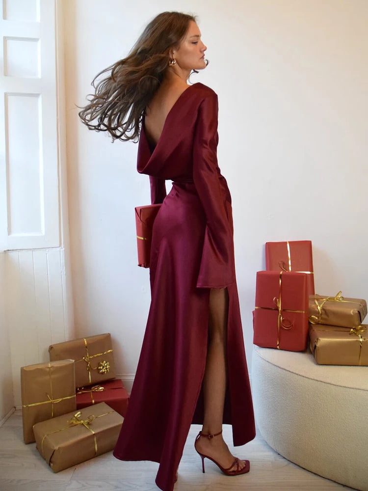 Elegant Christmas Evening Dress Women Long Sleeve Dress Bodycon Max Female Vestidos High Grade Satin Party Club Clothing