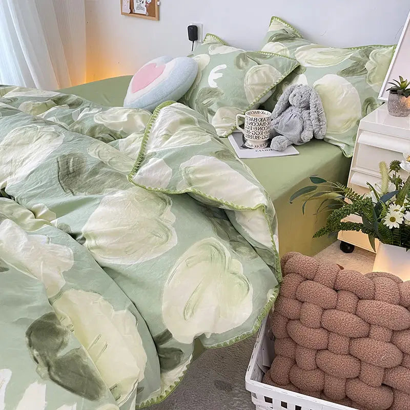 Oklulu Student Dormitory Three-piece Ins Oil Painting Wind Tulip Quilt Set Double Yarn Four-piece Set 1.8 Washed Cotton Bed Girl