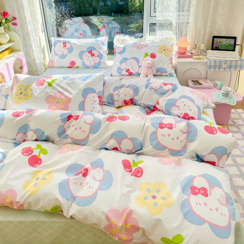 100% Cotton Flower Bedding Set Ins Flora Quilt Cover Bed Flat Fitted Sheet Set For Girls Woman Bedclothes Home Textiles