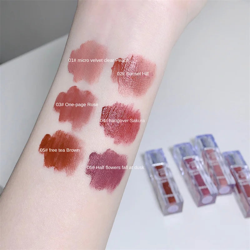 Oklulu  6 Colors Cream Air Velvet Matte Lip Glaze Silky-smooth Long Lasting Lip Tint Waterproof Non-stick Cup Lip Gloss Makeup Cosmetics