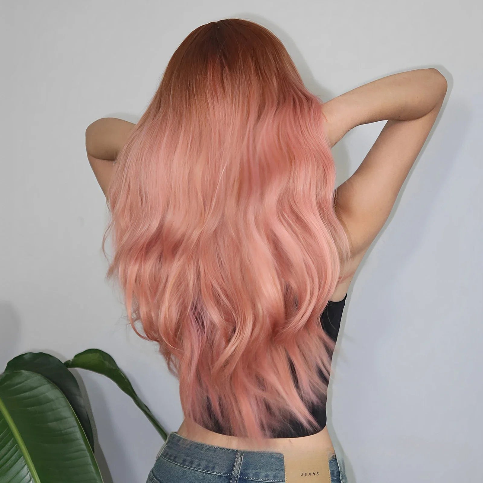 OKLULU  -  Long Body Wave Pink Cosplay wigs Heat Resistant Synthetic Wig Middle Part Natural daily use Lolita Wigs For Women